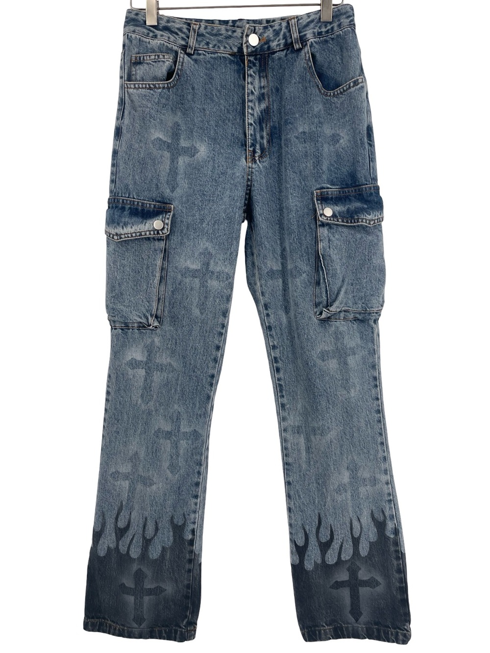 Aelfric Eden Washed Blue Flare Cargo Jeans with Cross & Flame Motifst size 28